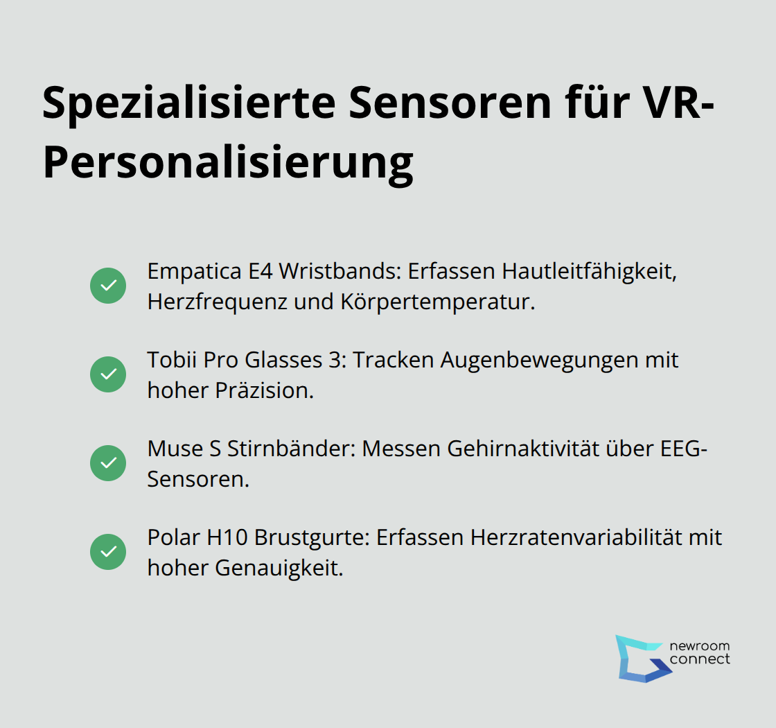 Eine Liste von spezialisierten Sensoren und ihren Funktionen für die präzise Körperdatenerfassung in VR, darunter Empatica E4 Wristbands, Tobii Pro Glasses 3, Muse S Stirnbänder und Polar H10 Brustgurte.
