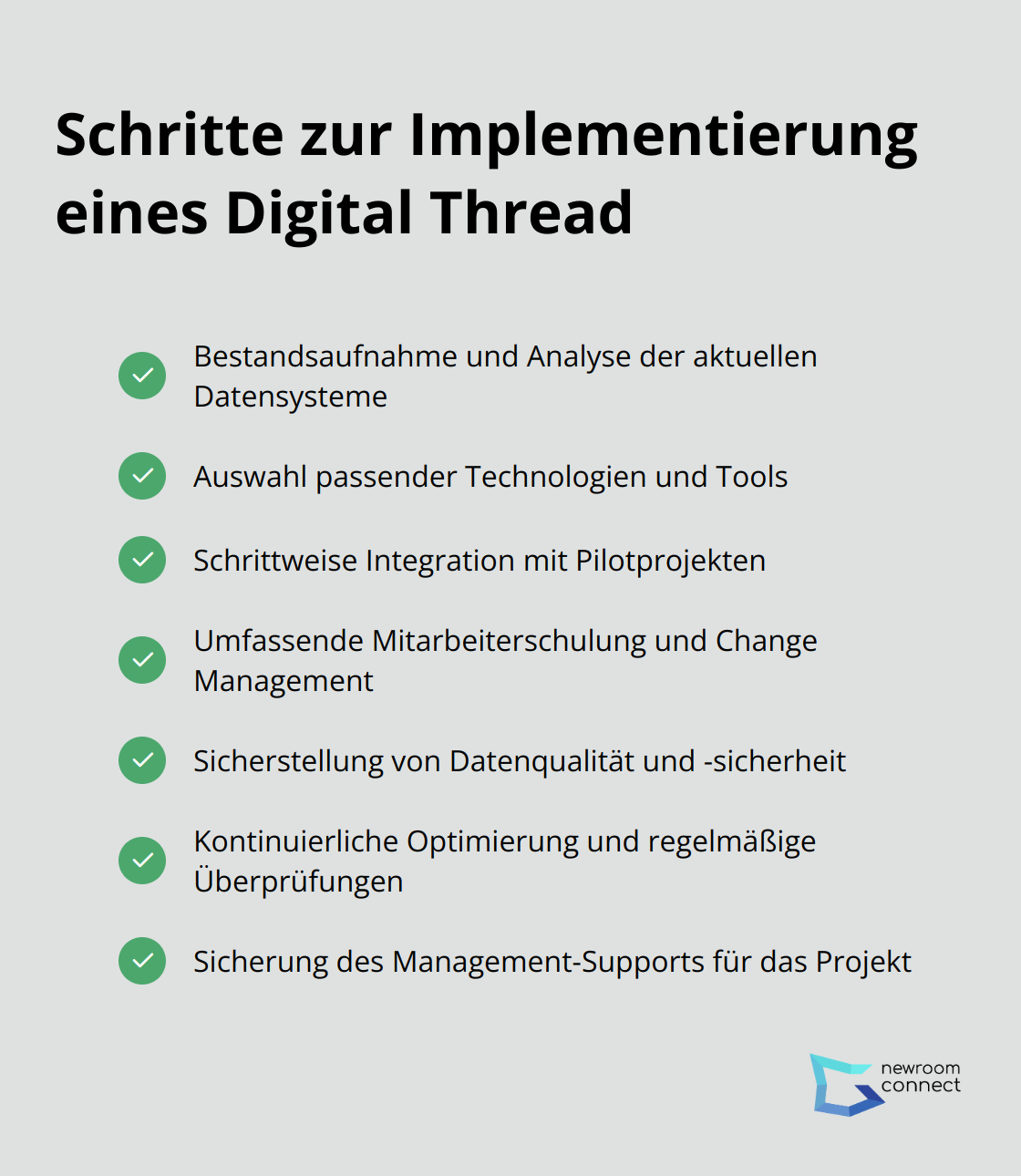 Eine Checkliste mit sieben Schritten zur erfolgreichen Implementierung eines Digital Thread: Bestandsaufnahme, Technologieauswahl, Schrittweise Integration, Mitarbeiterschulung, Datensicherheit, Kontinuierliche Optimierung und Management-Support.