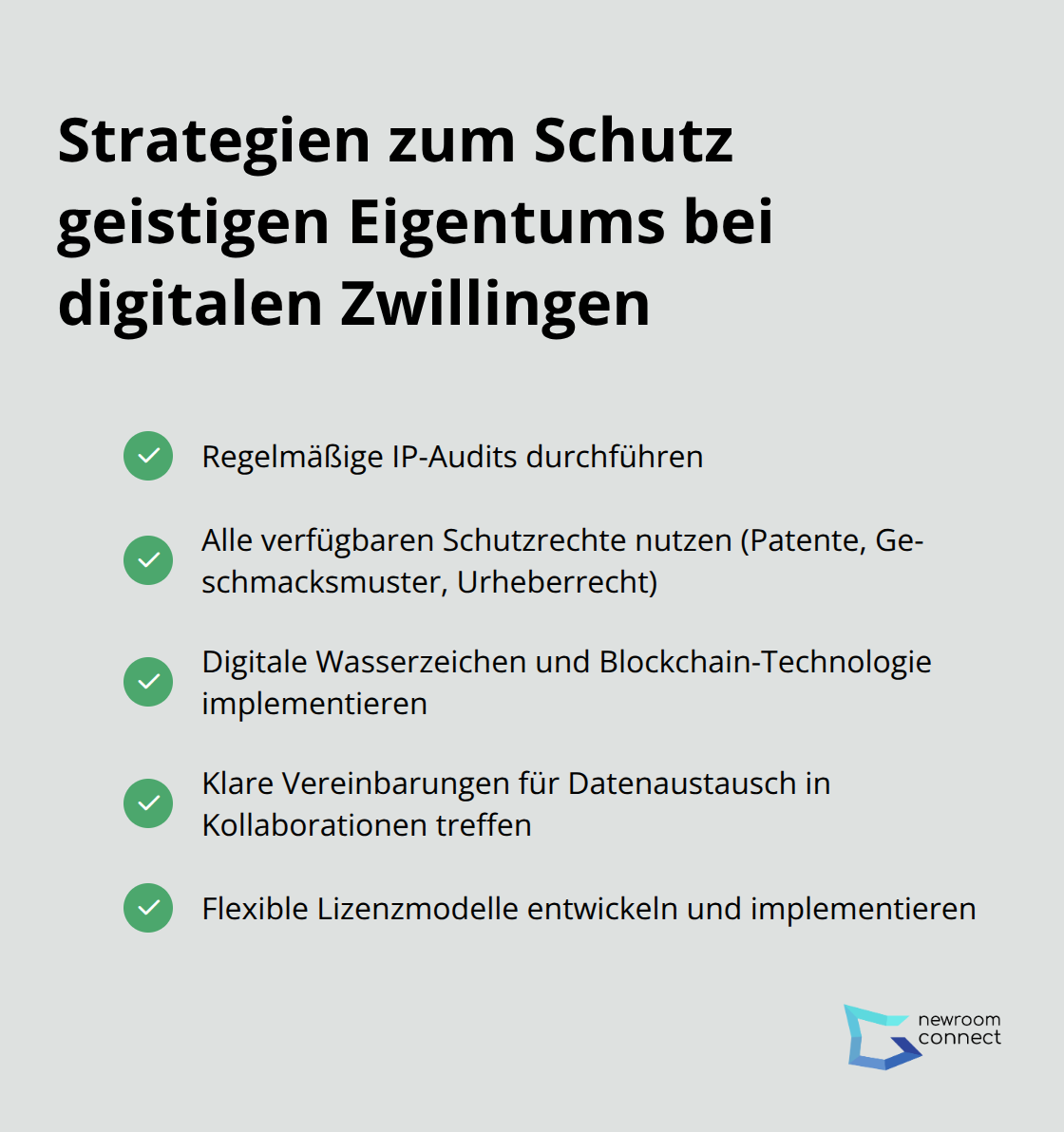 Eine Checkliste mit fünf Strategien zum Schutz geistigen Eigentums in der Welt der digitalen Zwillinge: IP-Audits, Schutzrechte nutzen, digitale Wasserzeichen, klare Vereinbarungen und flexible Lizenzmodelle. - Digitale Ethik