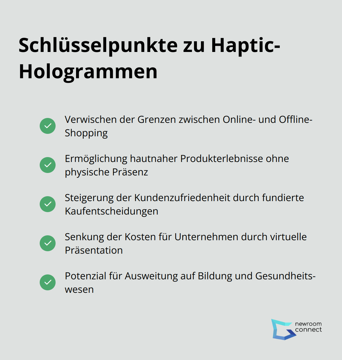 Eine Liste mit Häkchen, die die wichtigsten Erkenntnisse über Haptic-Hologramm-Technologie und ihren Einfluss auf virtuelle Einkaufserlebnisse zusammenfasst. - Haptic-Holograms