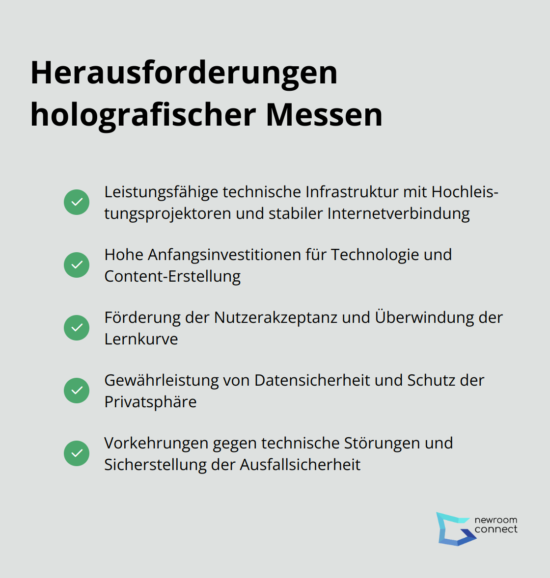 Aufzählungsdiagramm mit Häkchen zeigt die Hauptherausforderungen holografischer Messen - Holografische Messen