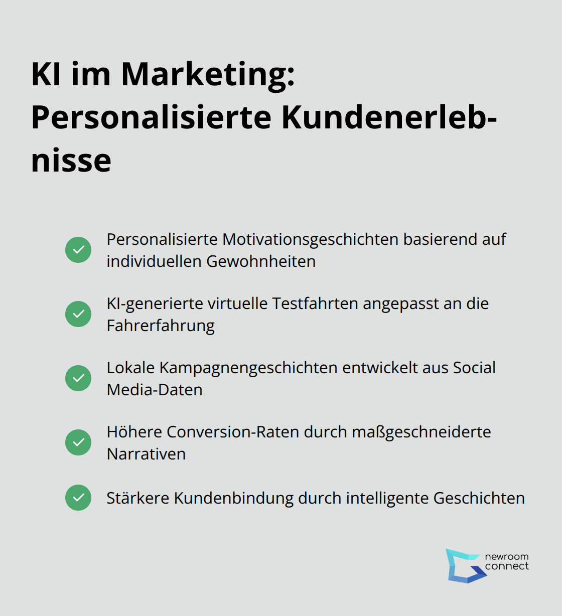 Eine Checkliste, die verschiedene Anwendungen von KI im Marketing für personalisierte Kundenerlebnisse aufzeigt, darunter personalisierte Motivationsgeschichten, virtuelle Testfahrten und lokale Kampagnengeschichten. - KI-Storytelling