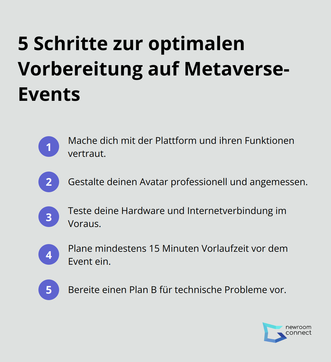Eine Liste mit 5 wichtigen Schritten zur Vorbereitung auf Metaverse-Events: Plattform kennenlernen, Avatar gestalten, Technik testen, Vorlaufzeit einplanen und Notfallplan haben. - Metaverse Etikette