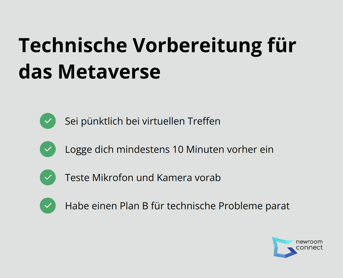 Checkliste für die technische Vorbereitung im Metaverse: Pünktlichkeit, frühzeitiges Einloggen, Testen von Mikrofon und Kamera, Plan B bereithalten.