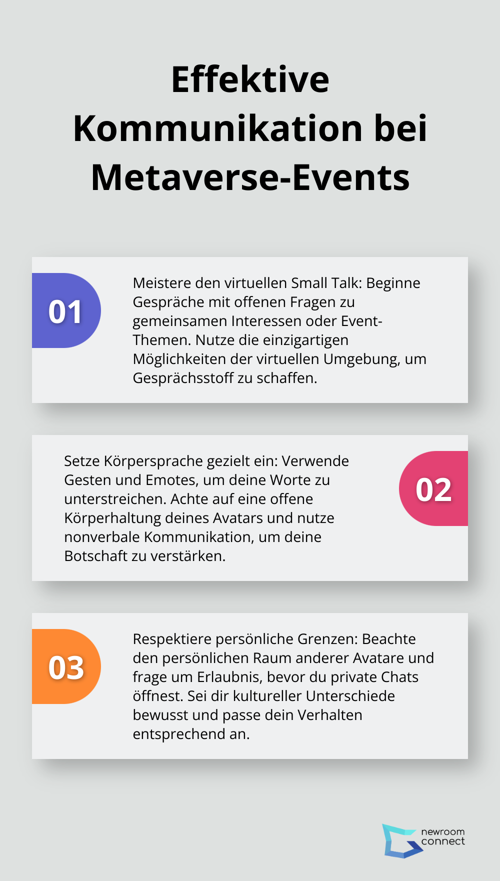 Eine geordnete Liste mit drei Hauptpunkten zur effektiven Kommunikation bei Veranstaltungen im Metaverse. - Metaverse-Etikette