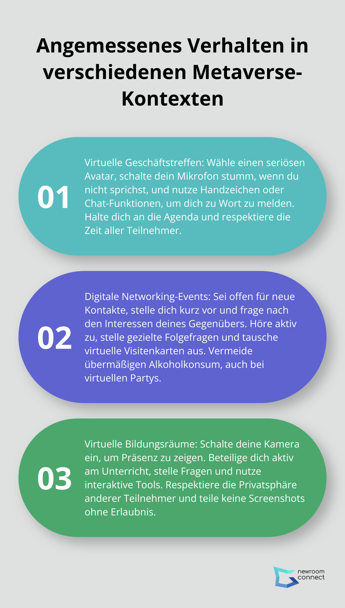 Geordnete Liste mit drei Punkten zum angemessenen Verhalten in verschiedenen Metaverse-Kontexten: Virtuelle Geschäftstreffen, Digitale Networking-Events und Virtuelle Bildungsräume. - Metaverse Etikette
