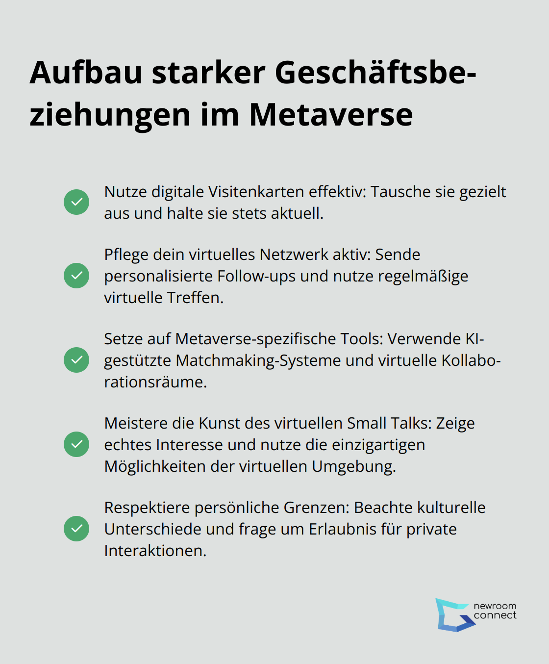 Eine Checkliste mit fünf Punkten zum Aufbau starker Geschäftsbeziehungen im Metaverse.