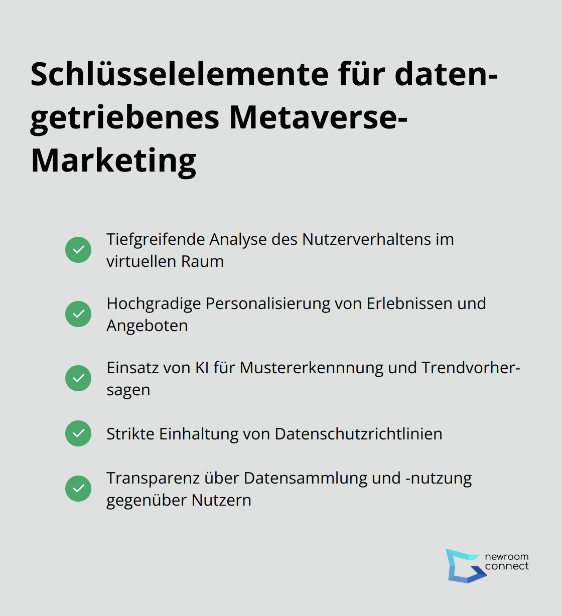 Eine Checkliste mit fünf Schlüsselelementen für erfolgreiches datengetriebenes Marketing im Metaverse: Nutzerverhalten analysieren, Personalisierung, KI-Einsatz, Datenschutz und Transparenz. - Metaverse Marketing