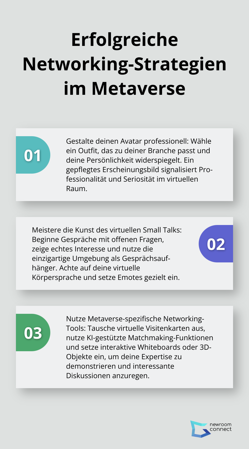 Ein Diagramm mit drei nummerierten Punkten, die erfolgreiche Networking-Strategien im Metaverse darstellen: professionelle Avatar-Gestaltung, Beherrschung des virtuellen Small Talks und Nutzung von Metaverse-spezifischen Networking-Tools. - Metaverse Networking
