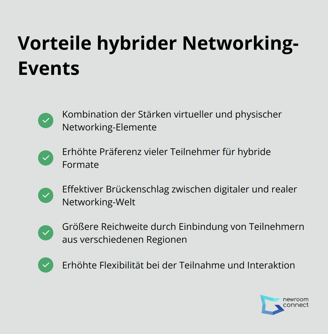 Eine Liste mit Häkchen, die die Vorteile hybrider Networking-Events aufzeigt: Kombination virtueller und physischer Elemente, erhöhte Teilnehmerpräferenz, Brückenschlag zwischen digitaler und realer Welt, größere Reichweite und Flexibilität. - Metaverse Networking