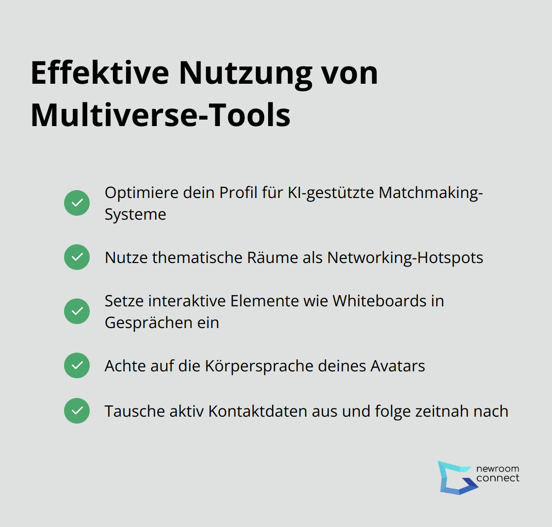Eine Checkliste mit fünf Punkten zur effektiven Nutzung von Multiverse-Tools für Networking: KI-Matchmaking, thematische Räume, interaktive Elemente, Avatar-Körpersprache und Kontaktaustausch. - Multiverse Networking