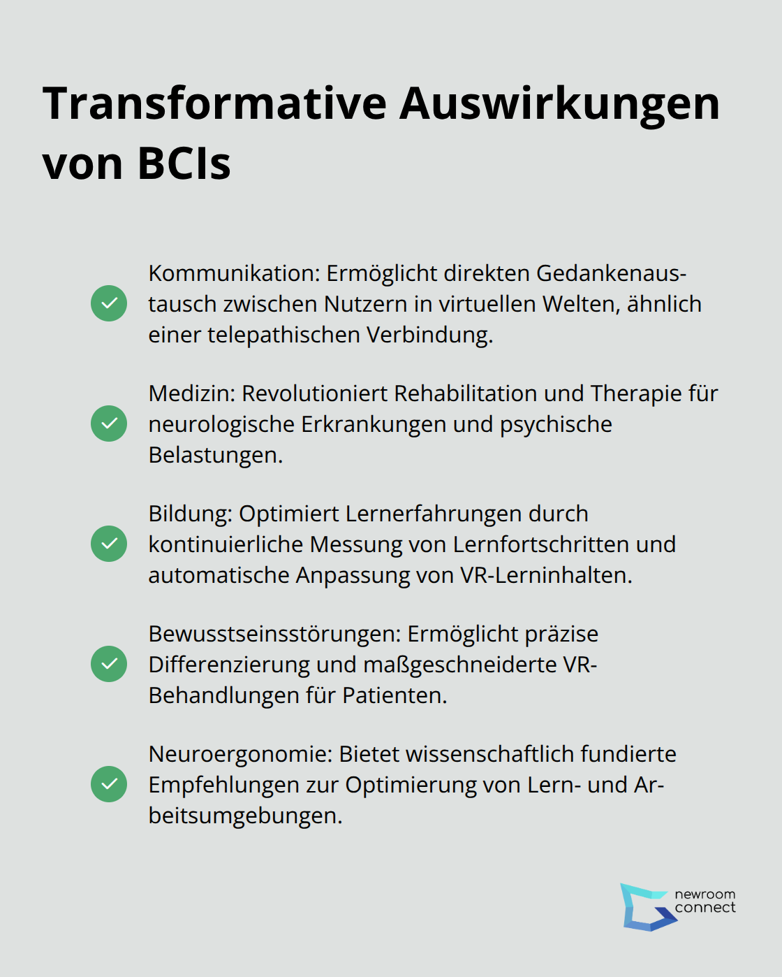 Checkmark-Liste zeigt die transformativen Auswirkungen von Brain-Computer-Interfaces auf Kommunikation, Medizin und Bildung - Neuro-Interfaces