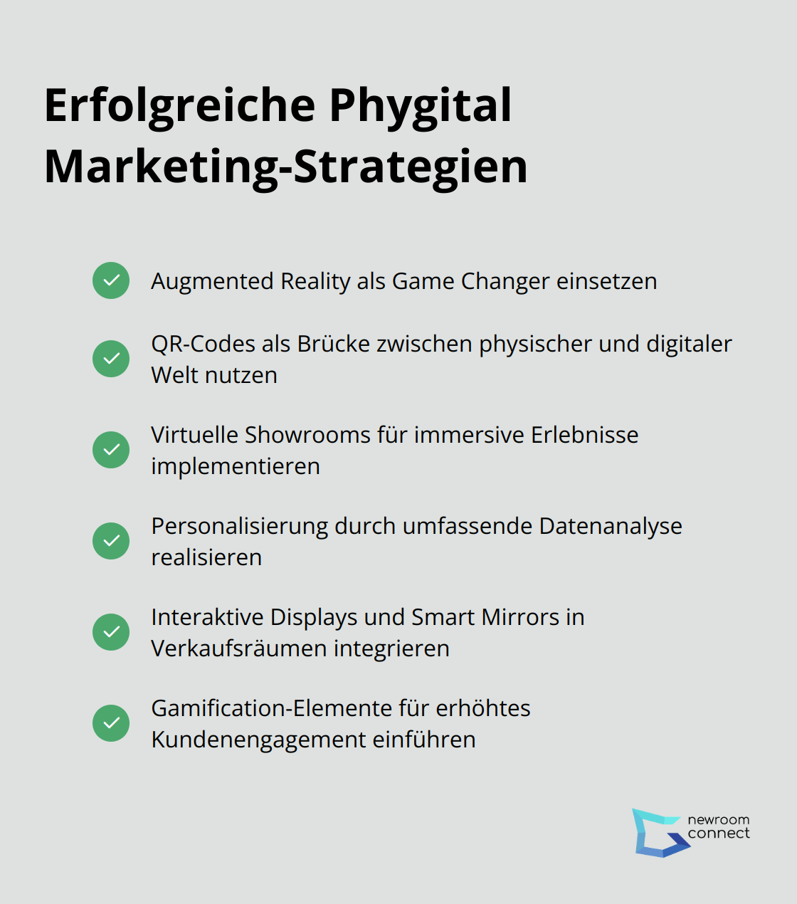 Eine Checkmark-Liste mit sechs erfolgreichen Phygital Marketing-Strategien: Augmented Reality, QR-Codes, Virtuelle Showrooms, Personalisierung, Interaktive Displays und Gamification.