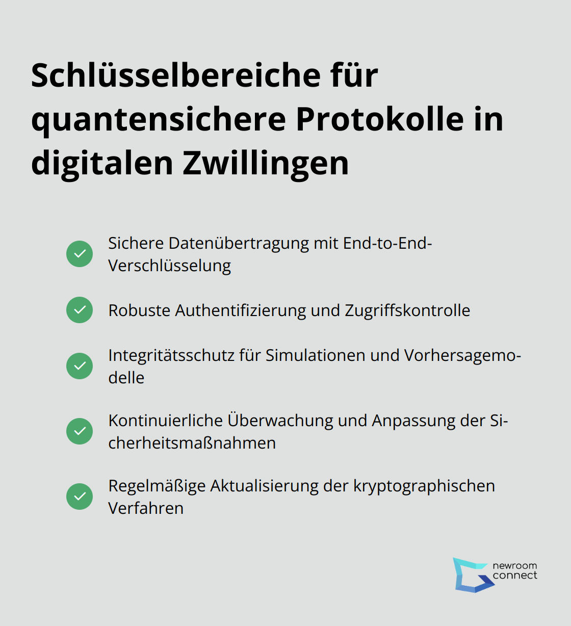 Eine Liste mit Häkchen, die die wichtigsten Bereiche für die Implementierung quantensicherer Protokolle in digitalen Zwillingen zeigt