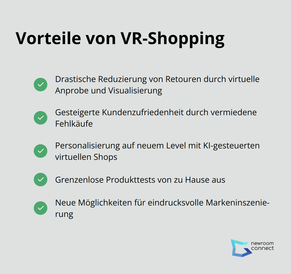 Checkliste zeigt die Hauptvorteile von VR-Shopping: Reduzierung von Retouren, gesteigerte Kundenzufriedenheit, Personalisierung, grenzenlose Produkttests und neue Möglichkeiten für Markeninszenierung - Sensorische VR