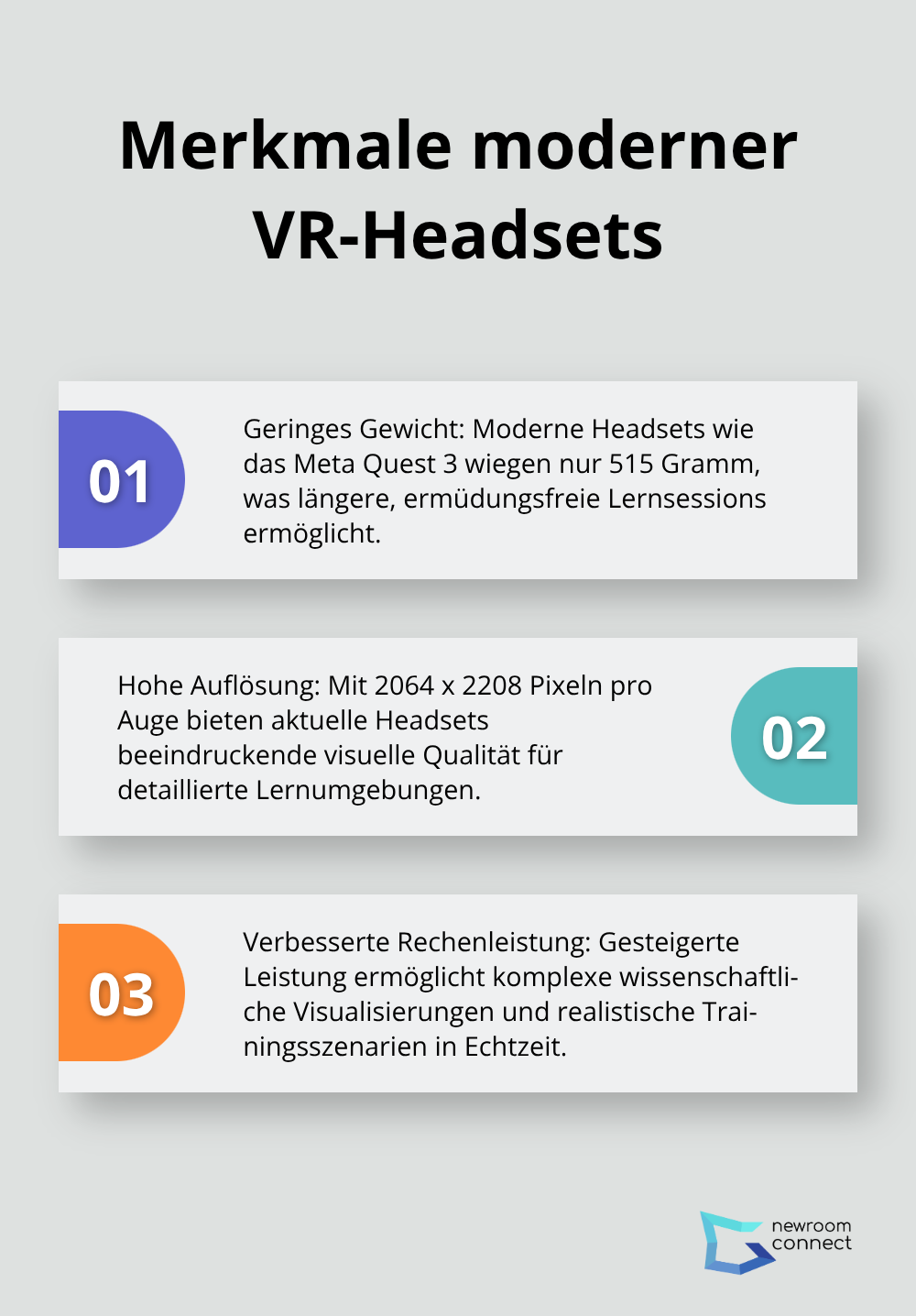 Geordnete Liste zeigt drei Hauptmerkmale moderner VR-Headsets: geringes Gewicht, hohe Auflösung und verbesserte Rechenleistung