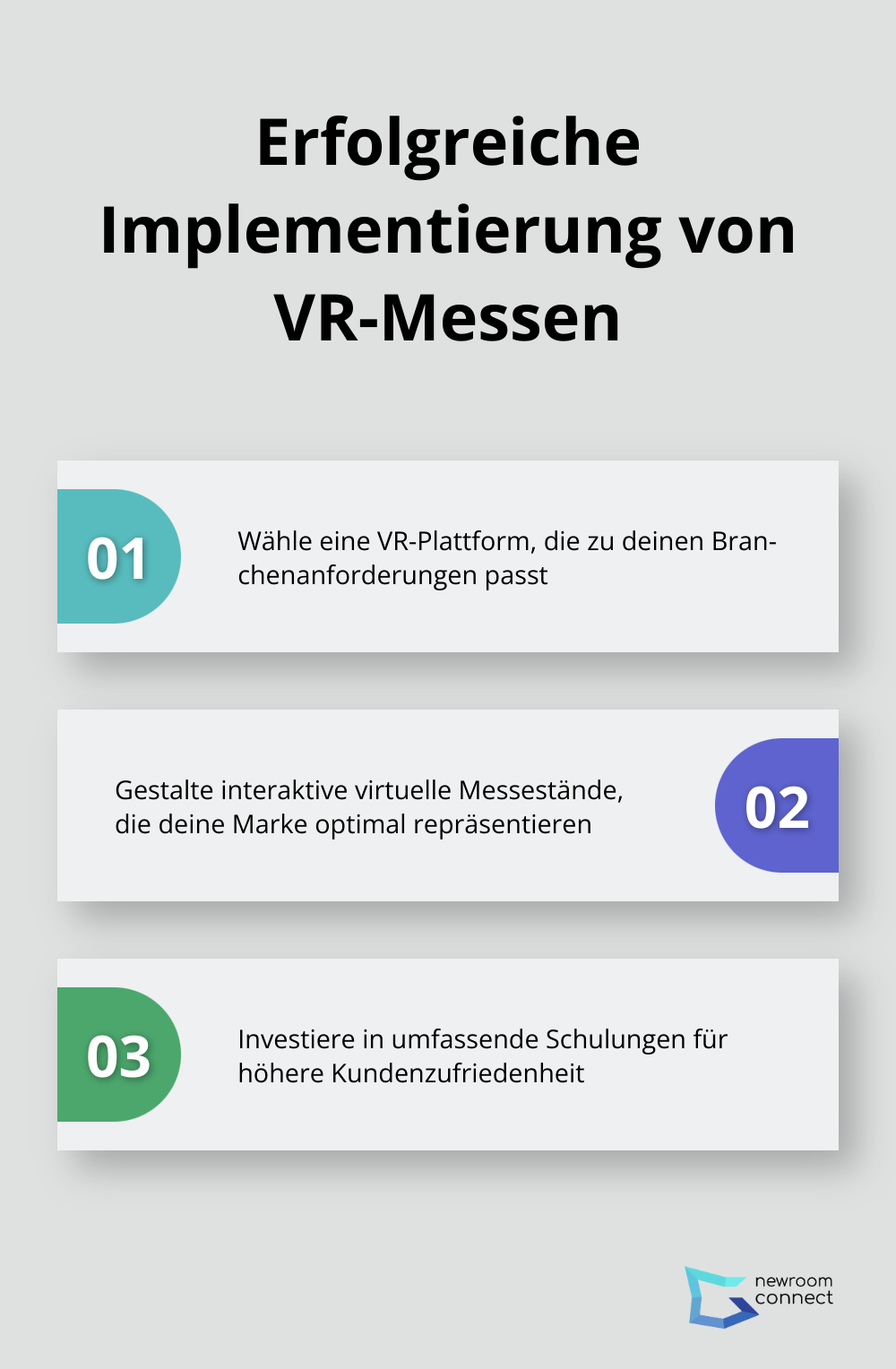 Infografik zeigt drei Schlüsselelemente für die erfolgreiche Implementierung von VR-Messen: Plattformauswahl, Standgestaltung und Teamschulung. - VR Messen