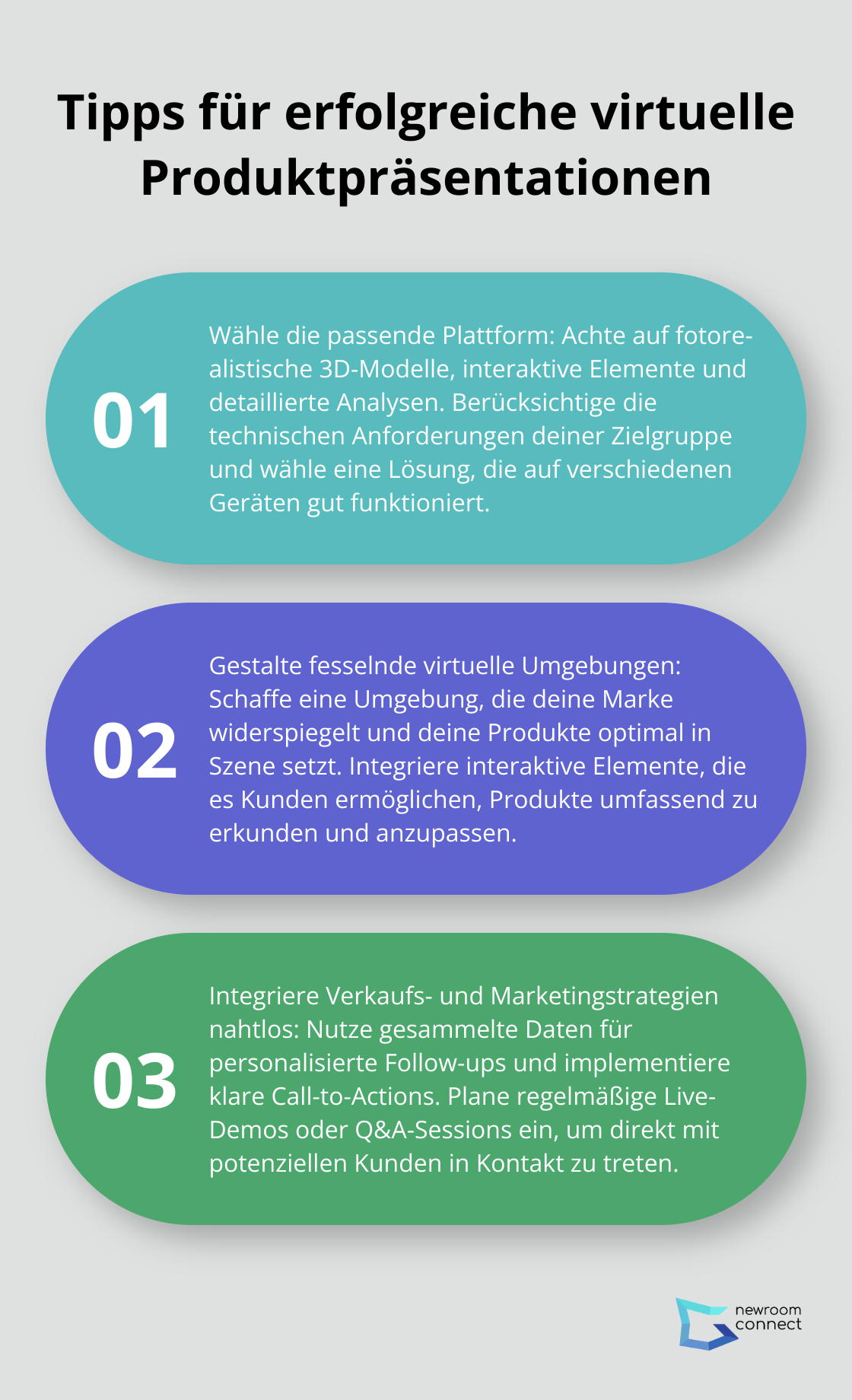 Geordnete Liste mit drei Tipps für erfolgreiche virtuelle Produktpräsentationen: Plattformwahl, fesselnde Umgebungen und Integration von Verkaufsstrategien