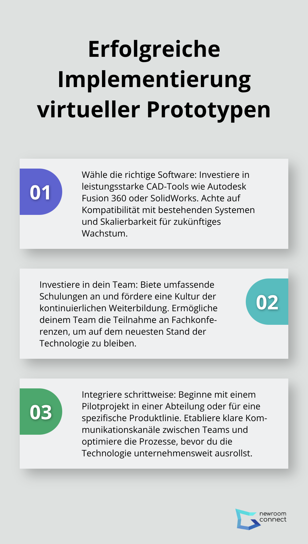 Geordnete Liste mit drei Schritten zur erfolgreichen Implementierung virtueller Prototypen - Virtuelle Prototypen