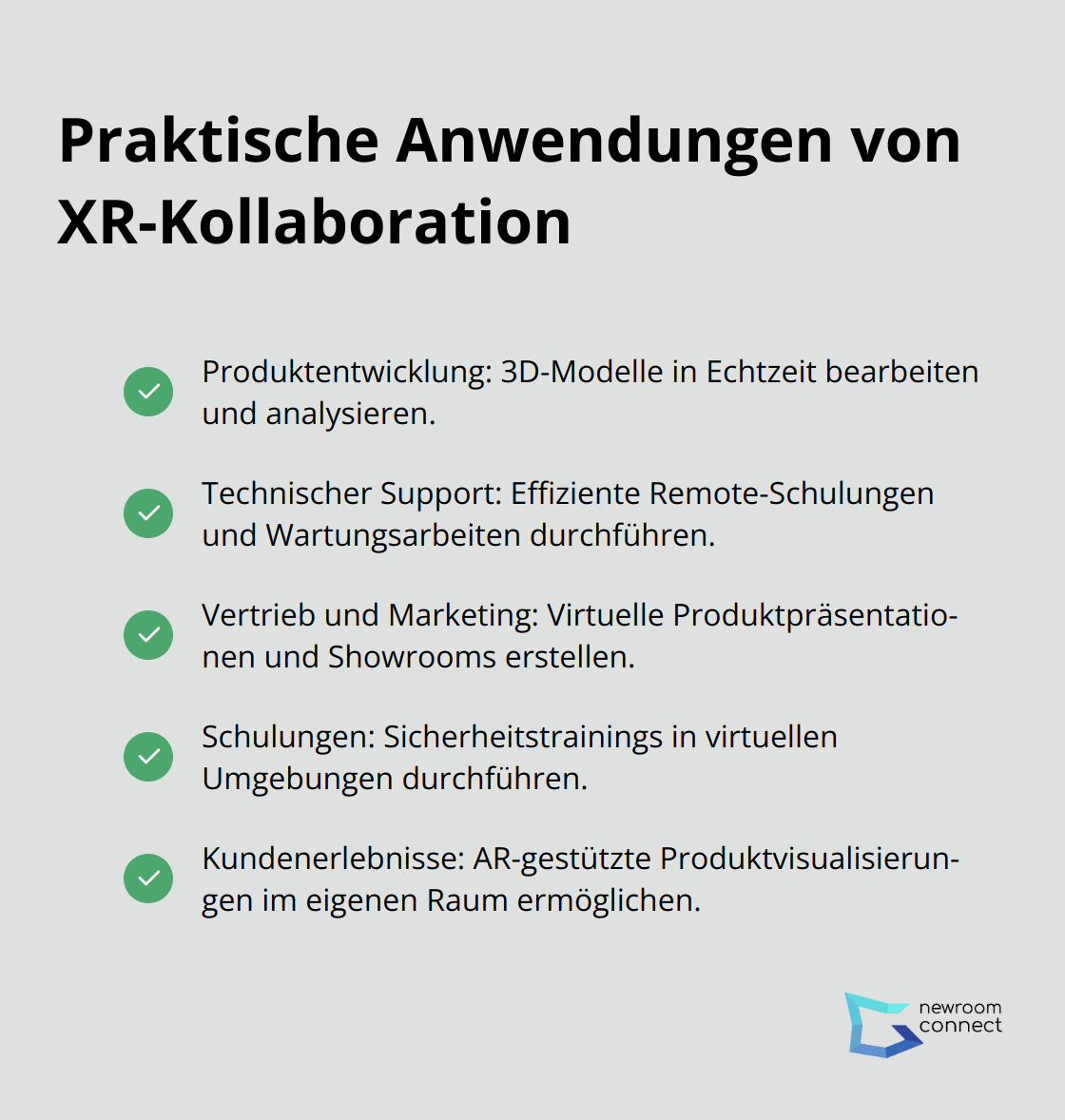 Eine Liste mit Häkchen, die praktische Anwendungen von XR-Kollaboration in verschiedenen Branchen zeigt. - XR Kollaboration