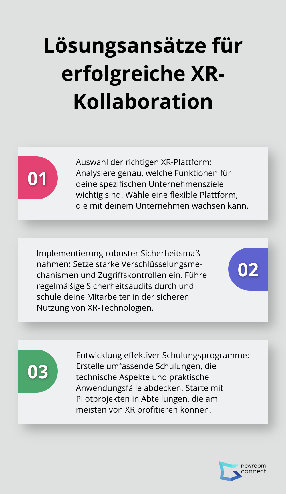 Drei Hauptlösungsansätze für erfolgreiche XR-Kollaboration: Auswahl der richtigen XR-Plattform, Implementierung robuster Sicherheitsmaßnahmen und Entwicklung effektiver Schulungsprogramme