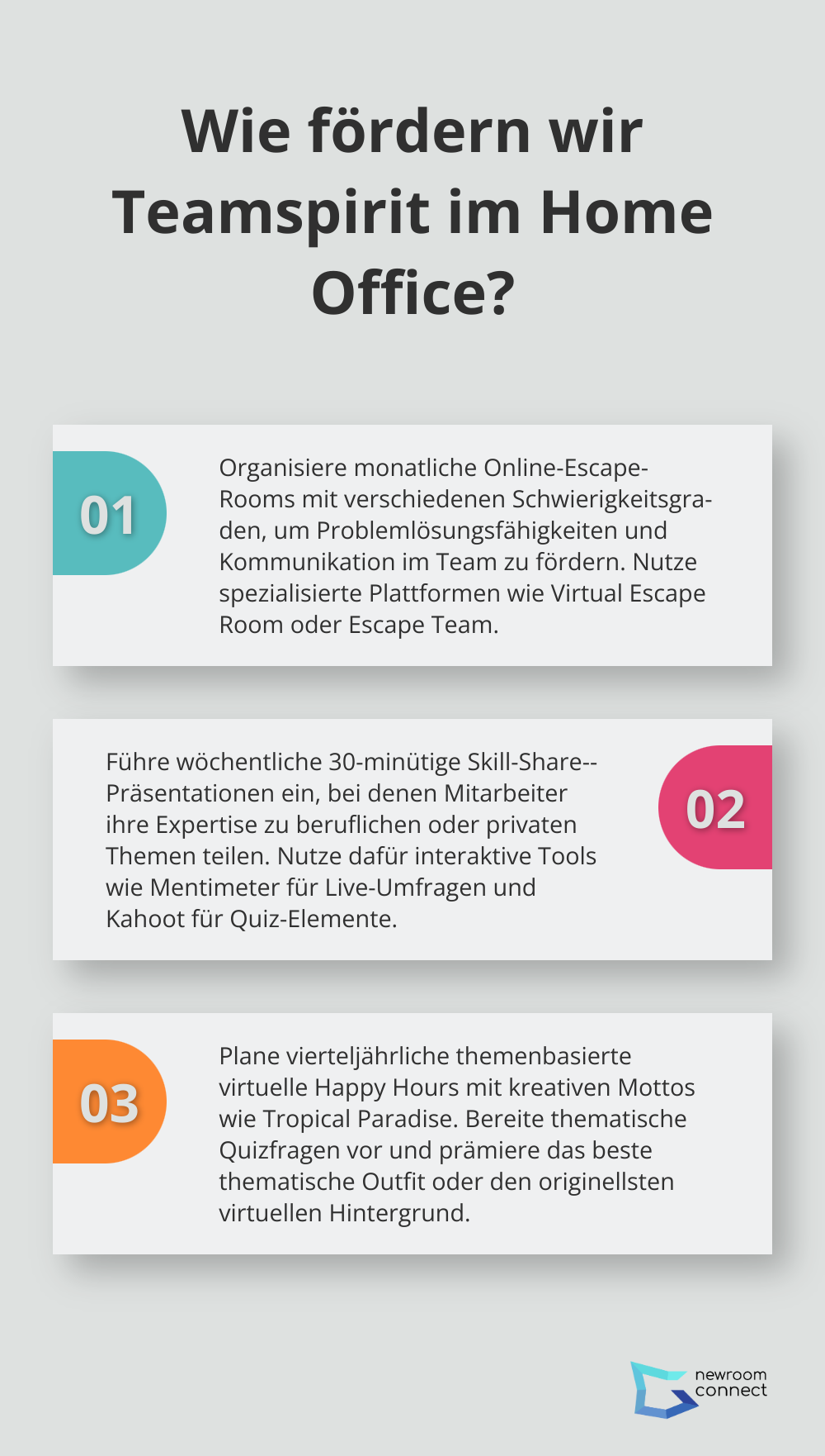 Infographic: Wie fördern wir Teamspirit im Home Office? - virtual events ideas for employees