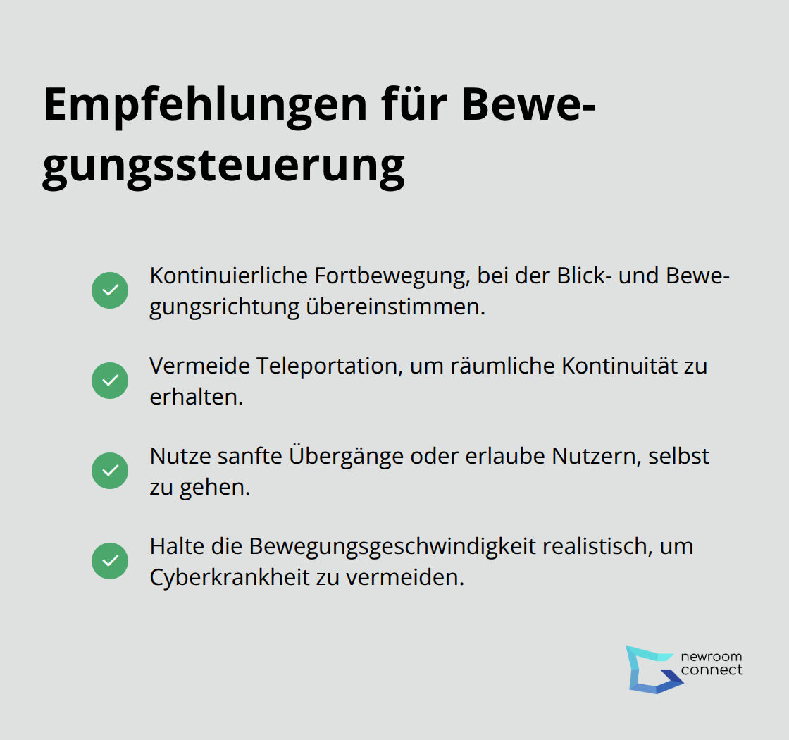Checkliste mit Empfehlungen zur Bewegungssteuerung in VR